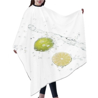 Personality  Green Fresh Whole Lime And Half With Clear Water Splash And Drops Isolated On White Hair Cutting Cape