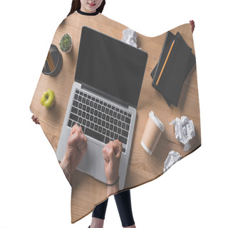 Personality  Cropped Shot Of Angry Stressed Businessman Sitting At Workplace With Laptop Hair Cutting Cape