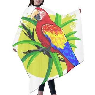 Personality  Vector Drawing Of A Large Bright Colored Parrot On  Background  Green Leaves Hair Cutting Cape