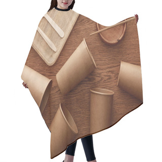 Personality  Top View Of Wooden Dishes, Cutlery, Chopsticks And Paper Cups On Brown Background Hair Cutting Cape