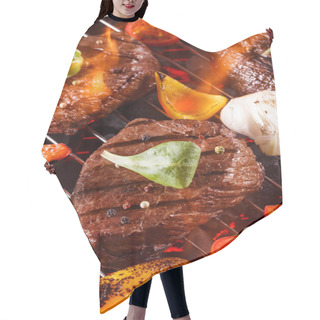 Personality  Beef Steak On A Barbecue Grill With Flames With Vegetables Hair Cutting Cape