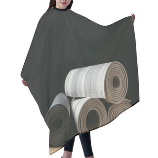 Personality  Different Rolled Yoga Mats On Wooden Table Hair Cutting Cape