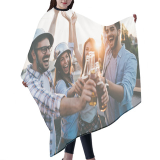 Personality  Happy Friends Laughing And Smiling Outdoors Hair Cutting Cape