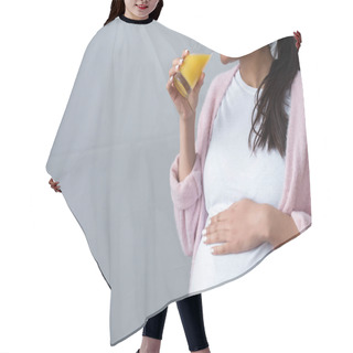 Personality  Cropped View Of African American Pregnant Woman Drinking Orange Juice  Hair Cutting Cape