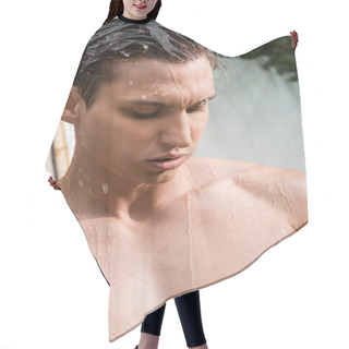 Personality  Man With Athletic Body Taking Shower Outdoors Hair Cutting Cape