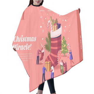 Personality  Happy Characters Celebrating Christmas Landing Page Template. People At Huge Sock With Gifts And Decorated Fir Tree Hair Cutting Cape
