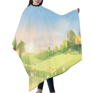 Personality  Spring Landscape Morning In Countryside With Sun Rays Shining Through Green Meadow On Hill With Orange And Blue Sky,Vector Cartoon Natural Background On Summer Or Spring With Grass Field And Flower Hair Cutting Cape