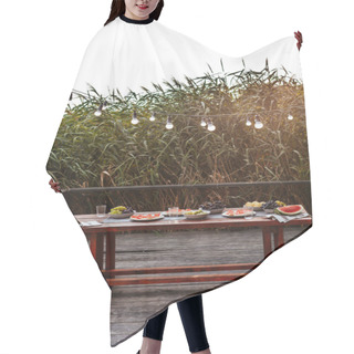 Personality  Food Served On Wooden Table For Outdoor Dinner Party. Hair Cutting Cape