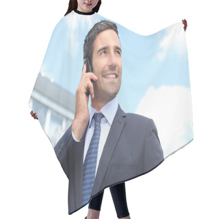 Personality  Property Salesman Stood Outdoors With Mobile Telephone Hair Cutting Cape