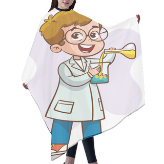 Personality  Vector Illustration Of A Children In A Lab Coat And Glasses Holding A Flask With Chemical Liquid Hair Cutting Cape