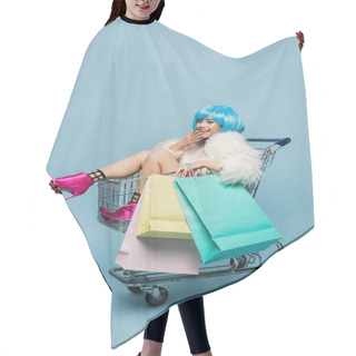 Personality  Positive Asian Pop Art Woman Holding Shopping Bags In Cart On Blue Background  Hair Cutting Cape