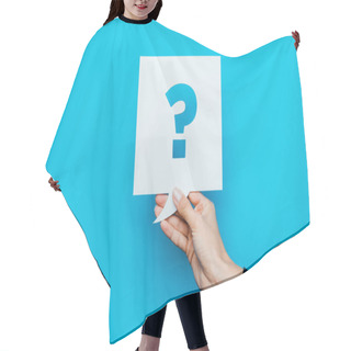 Personality  Cropped View Of Woman Holding Speech Bubble With Question Mark On Blue Hair Cutting Cape