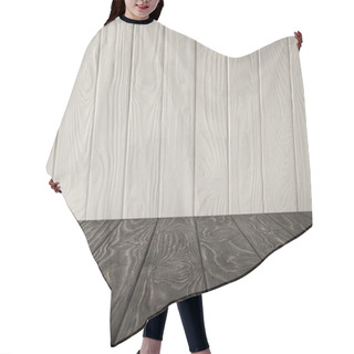 Personality  Dark Grey Wooden Tabletop And White Wooden Wall Hair Cutting Cape
