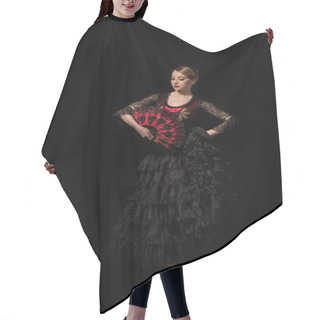 Personality  Beautiful Dancer Holding Fan While Dancing Flamenco Isolated On Black  Hair Cutting Cape