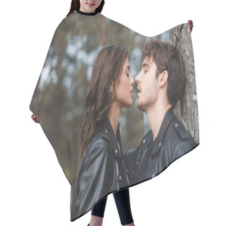 Personality  Young Brunette Woman Kissing Boyfriend In Leather Jacket Near Tree In Forest  Hair Cutting Cape