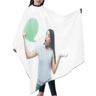 Personality  Socked Asian Girl Looking At Green Blank Speech Bubble Isolated On White Hair Cutting Cape