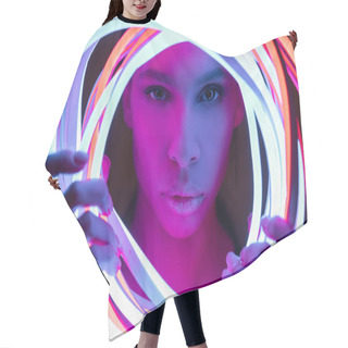 Personality  Portrait Of Futuristic African American Woman In Neon Lighting Hair Cutting Cape