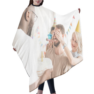 Personality  Happy Friends Covering Eyes Of Young Man And Greeting Him With Birthday Cake Hair Cutting Cape