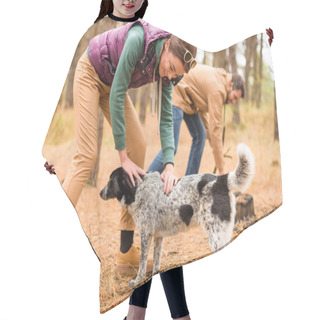 Personality  Smiling Woman Stroking Dog In Forest Hair Cutting Cape