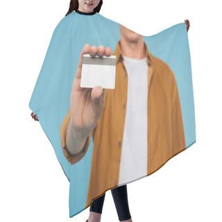 Personality  Cropped Image Of Man Showing Credit Card Isolated On Blue Hair Cutting Cape