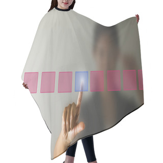 Personality  Business Woman Hand Press The Button, Selection Concept. Hair Cutting Cape