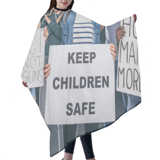 Personality  Cropped View Of Woman Holding Placard With Keep Children Safe Lettering Near Group Of People On Black  Hair Cutting Cape