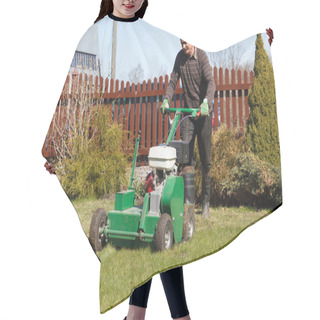 Personality  Man Working With Lawn Aerator Hair Cutting Cape