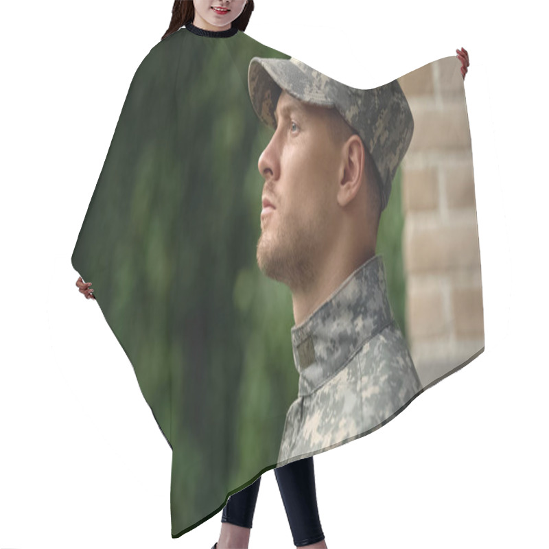 Personality  Army soldier facing reality of duty, struggling with mental issues, depression hair cutting cape