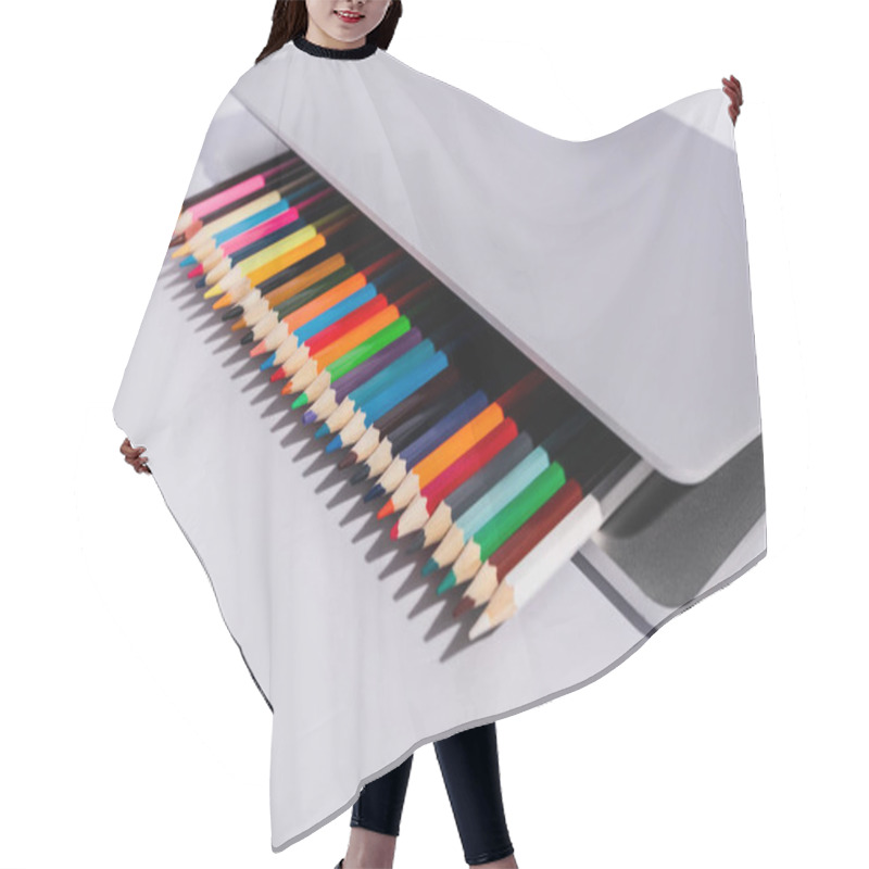 Personality  Colored Pencils In Modern Laptop On White Background Hair Cutting Cape