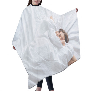 Personality  Top View Of Young Woman Covering Face With Blanket While Resting In Bed  Hair Cutting Cape
