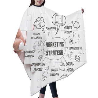 Personality  Cropped View Of Woman Holding White Jigsaw Near Connected Puzzle Pieces And Social Media Lettering  Hair Cutting Cape