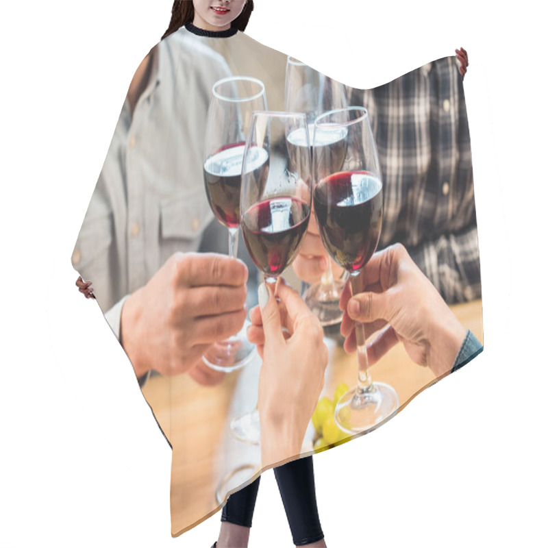 Personality  friends clinking glasses of wine hair cutting cape
