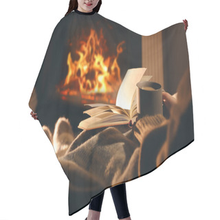 Personality  Woman With Cup Of Drink And Book Near Fireplace At Home, Closeup Hair Cutting Cape