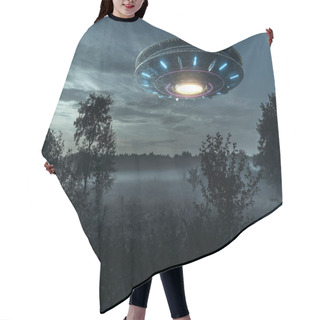 Personality  UFO, An Alien Plate Hovering Over The Field, Hovering Motionless In The Air. Unidentified Flying Object, Alien Invasion, Extraterrestrial Life, Space Travel, Humanoid Spaceship Mixed Medium Hair Cutting Cape