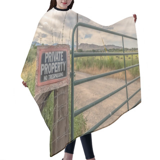 Personality  Panorama Security Gate And Fence With No Trespassing Sign Against Mountain And Cloudy Sky Hair Cutting Cape