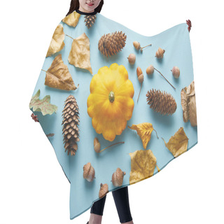 Personality  Ripe Whole Colorful Pattypan Squash And Autumnal Decor On Blue Background Hair Cutting Cape