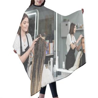 Personality  Beauty, Hair Industry, Tattooed Hairdresser Styling Hair Of Woman With Braids, Customer Satisfaction, Hairstyle, Mirror Reflection, Hair Buns, Braided Hair, Beauty Salon, Hair Fashion  Hair Cutting Cape