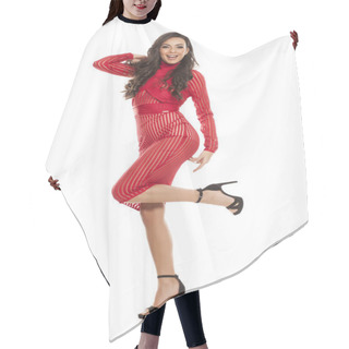 Personality  Young Beautiful Happy Woman In A Red Transparent Dress Posing On A White Background Hair Cutting Cape