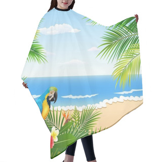 Personality  Card With Tropical Beach, Tropical Plants And Parrot Hair Cutting Cape