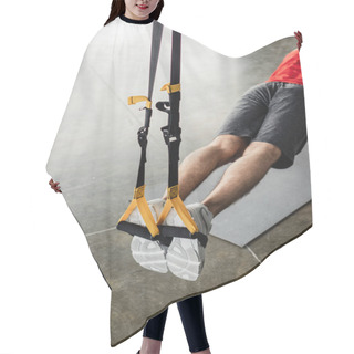 Personality  Cropped View Of Sportsman Exercising With Elastics Near Fitness Mat  Hair Cutting Cape