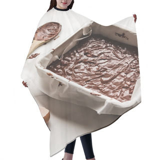 Personality  Overhead Of Uncooked Chocolate Brownie In Baking Tin Hair Cutting Cape
