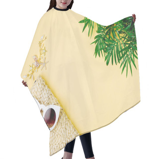 Personality  Tropical Leaves And Beach Bag With Sunglasses On Yellow Background. Top View, Flat Lay. Hair Cutting Cape