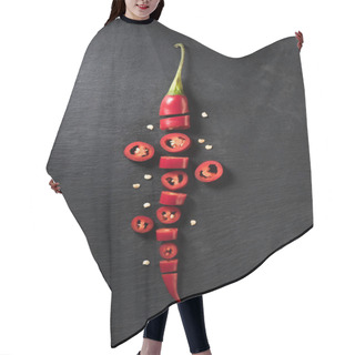 Personality  Elevated View Of Cut Red Ripe Chili Pepper On Black Surface Hair Cutting Cape