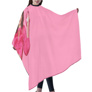 Personality  Gorgeous Doll Like Woman In Crop Top And Pink Pants Standing With Headphones And Shiny Purse, Banner Hair Cutting Cape