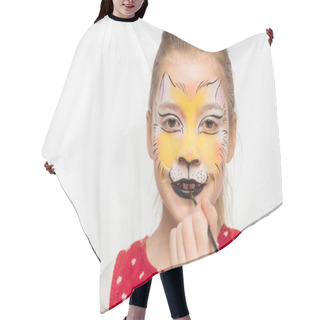 Personality  Cute Kid With Painted Tiger Muzzle On Face Painting On Lips With Paintbrush Isolated On White Hair Cutting Cape