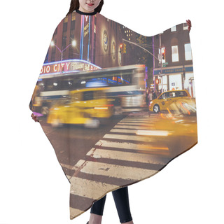 Personality  TIMES SQUARE, NEW YORK, USA - OCTOBER 8, 2018: Motion Picture Of Times Square And Cars In New York At Night, Usa Hair Cutting Cape