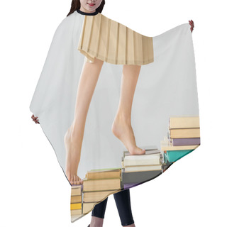 Personality  Close Up Barefoot Woman Walking On Aged Books Hair Cutting Cape