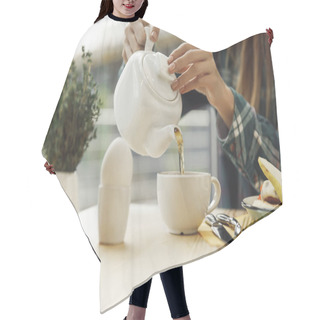 Personality  Partial View Of Girl Pouring Tea From Teapot In Cup At Breakfast  Hair Cutting Cape