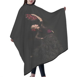 Personality  Young Flamenco Dancer With Hand On Hip Holding Fan And Dancing Isolated On Black  Hair Cutting Cape