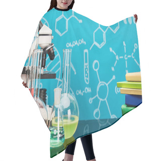 Personality  Books, Microscope, Glass Test Tubes And Flasks With Colorful Liquid On Blue Background With Molecular Structure Hair Cutting Cape